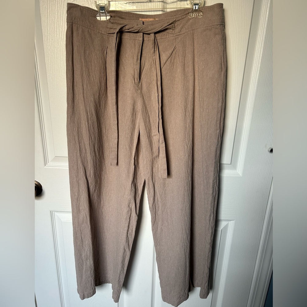 Gibson & Latimer Bohemian High Waisted Tan & White Linen Trouser Pants Size 12